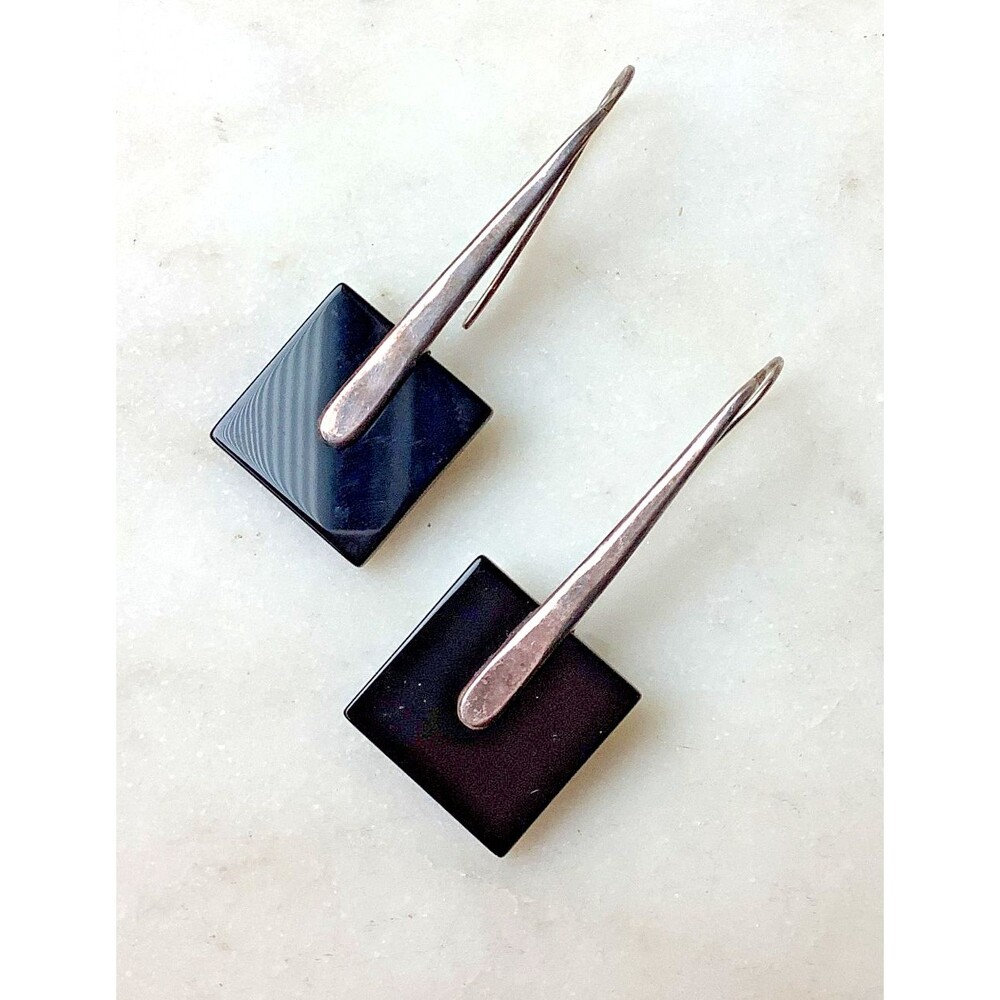 Sterling Silver Dangle Earrings Modernist Black Square Drop Artsy 925 Signed